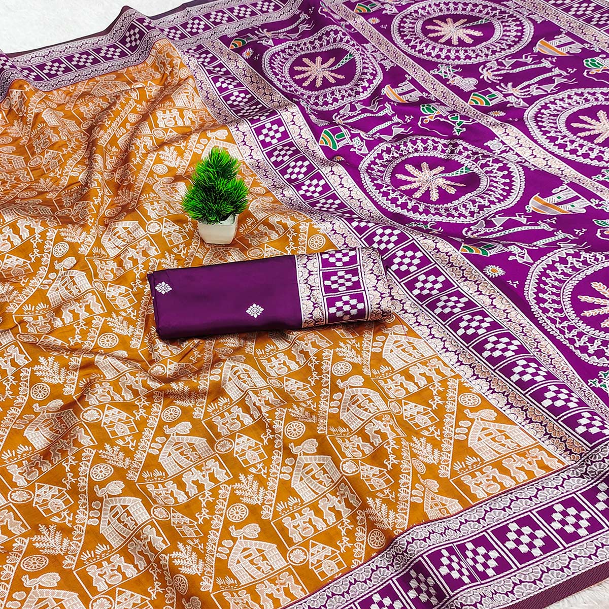 Mustard Warli Tribal Weaving Cotton Silk Saree With Madhubani Art Work Pallu
