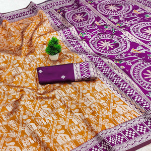 Mustard Warli Tribal Weaving Cotton Silk Saree With Madhubani Art Work Pallu