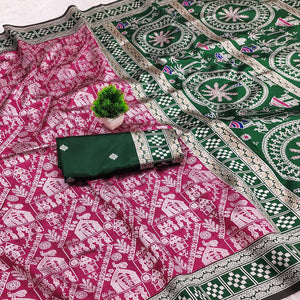 Pink Warli Tribal Weaving Cotton Silk Saree With Madhubani Art Work Pallu