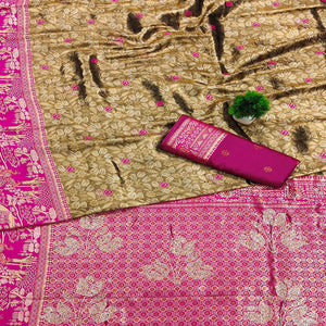 Golden Brown Silk Blend Saree Featuring Elegant Floral Weaving Work & A Graceful Tassel Pallu