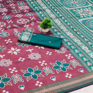 Dusty Pink Traditional Kanjivaram Silk Saree Featuring Elegant Floral Weaves