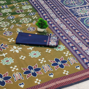 Olive Traditional Kanjivaram Silk Saree Featuring Elegant Floral Weaves