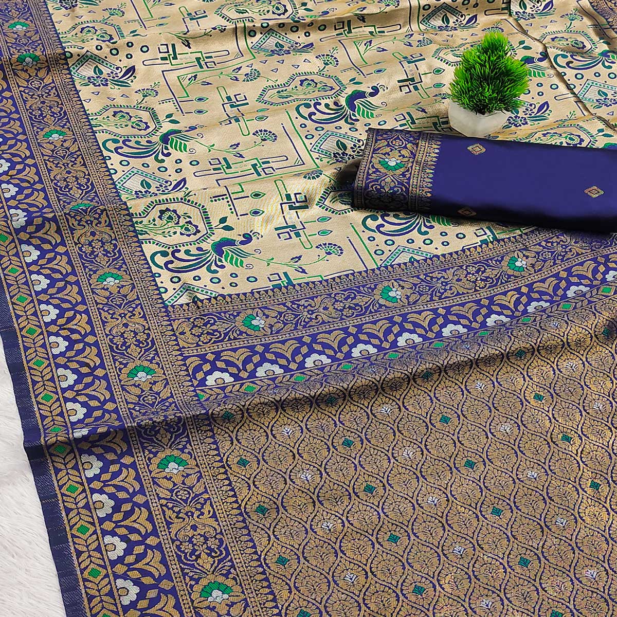 Beige & Blue Handloom Kanjivaram Silk Saree Featuring Kalamkari-Style Floral Weaves