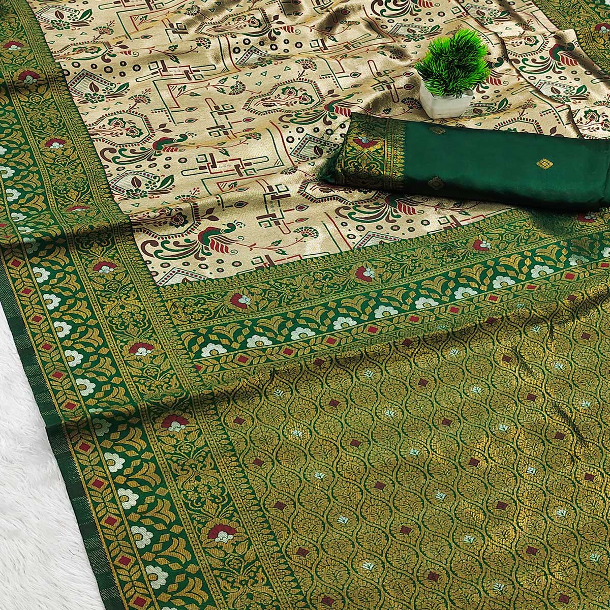 Beige & Green Handloom Kanjivaram Silk Saree Featuring Kalamkari-Style Floral Weaves