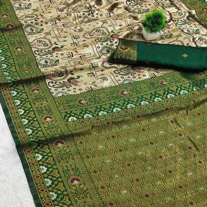 Beige & Green Handloom Kanjivaram Silk Saree Featuring Kalamkari-Style Floral Weaves