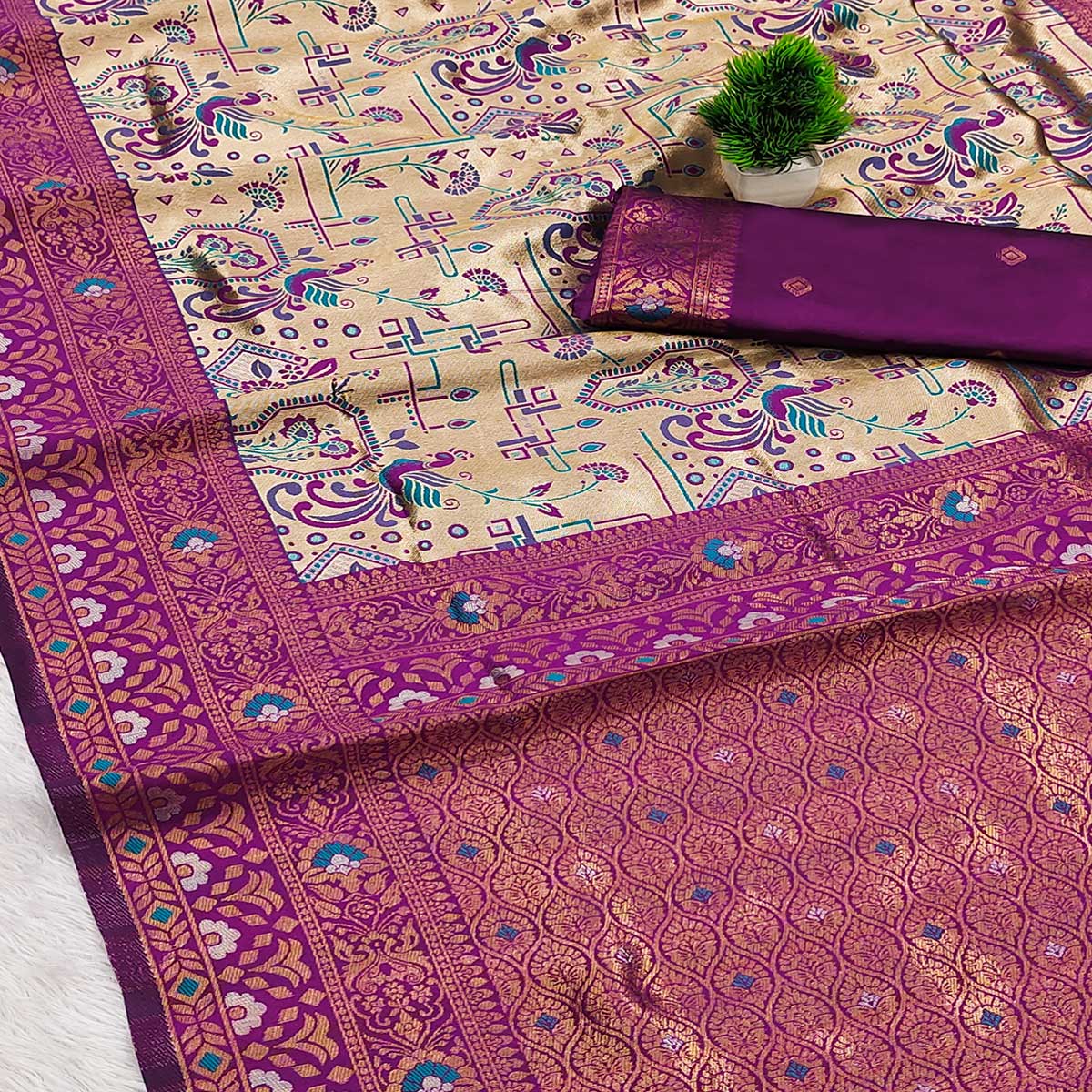Beige & Purple Handloom Kanjivaram Silk Saree Featuring Kalamkari-Style Floral Weaves