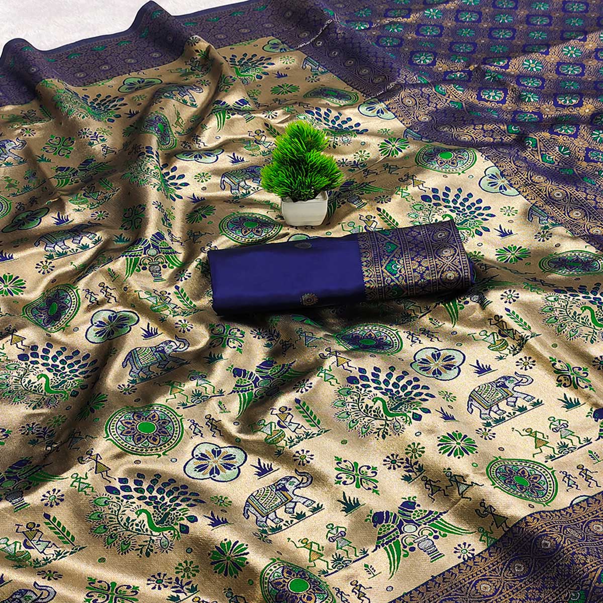 Beige & Blue Pure Kanjivaram Silk Saree Adorned with Meenakari Floral Weaving