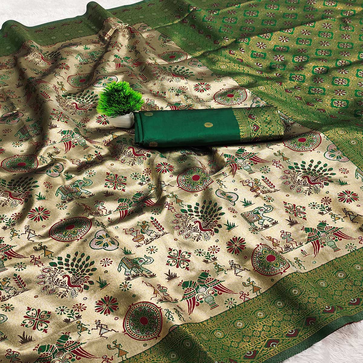 Beige & Green Pure Kanjivaram Silk Saree Adorned with Meenakari Floral Weaving