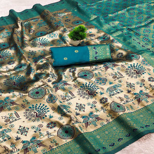 Beige & Rama Green Pure Kanjivaram Silk Saree Adorned with Meenakari Floral Weaving