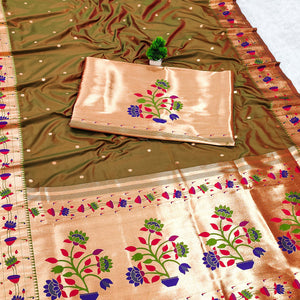 Olive Paithani Inspired Lotus Woven Kanjivaram Bridal Silk Saree
