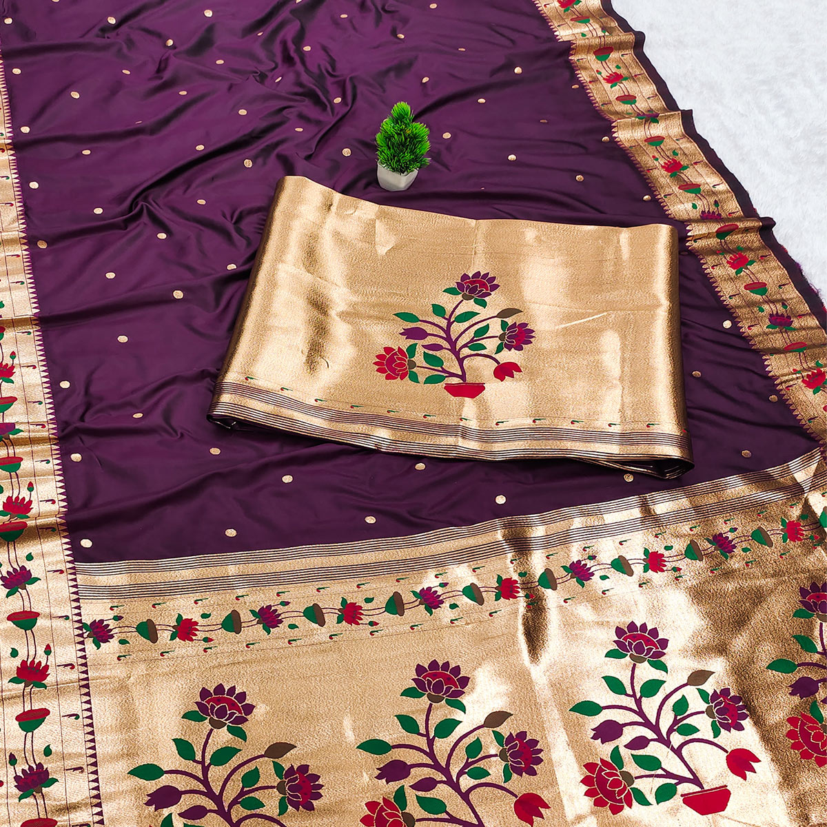 Wine Paithani Inspired Lotus Woven Kanjivaram Bridal Silk Saree