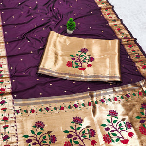 Wine Paithani Inspired Lotus Woven Kanjivaram Bridal Silk Saree