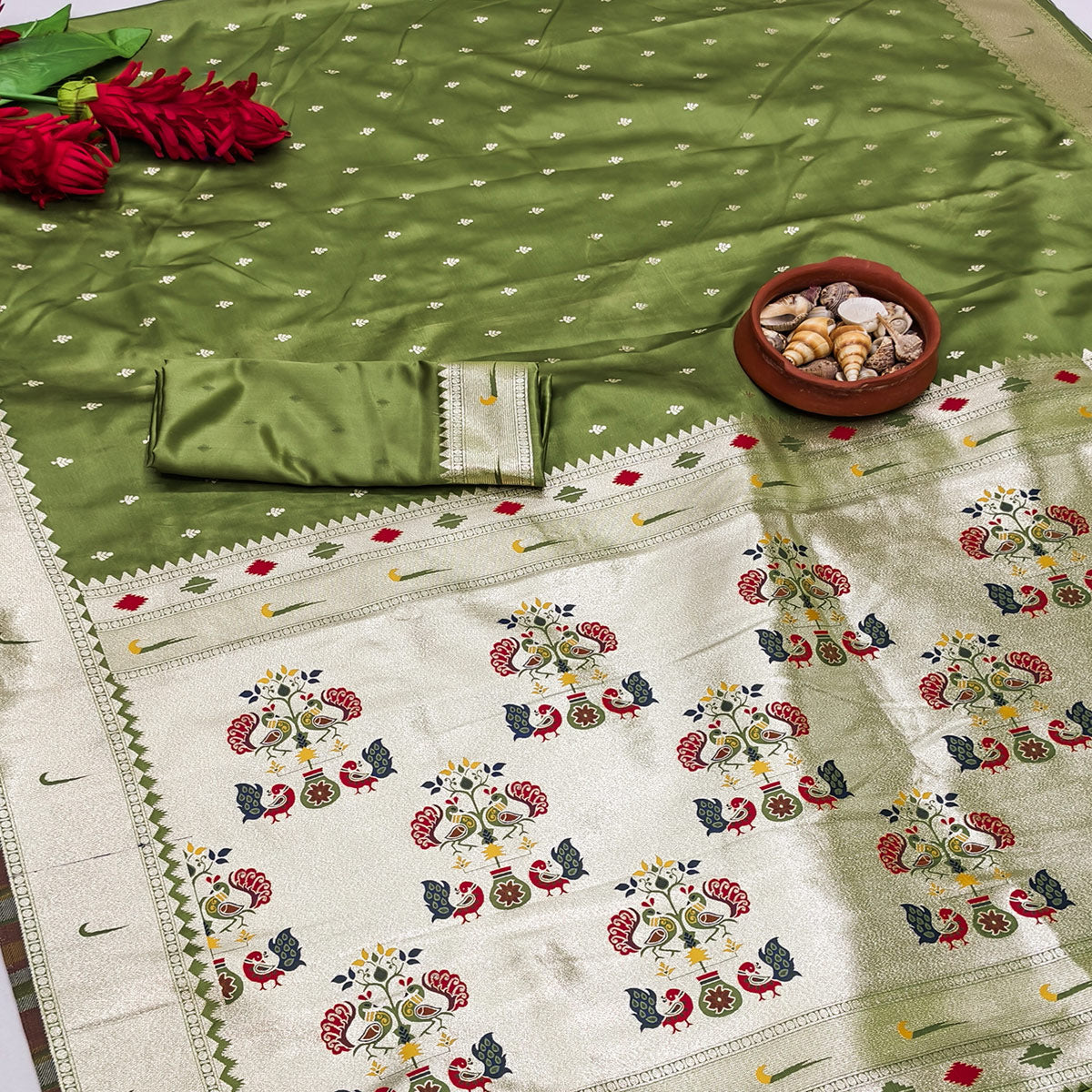 Green Timeless Paithani Satin Silk Saree Featuring Luxurious Zari Weaving