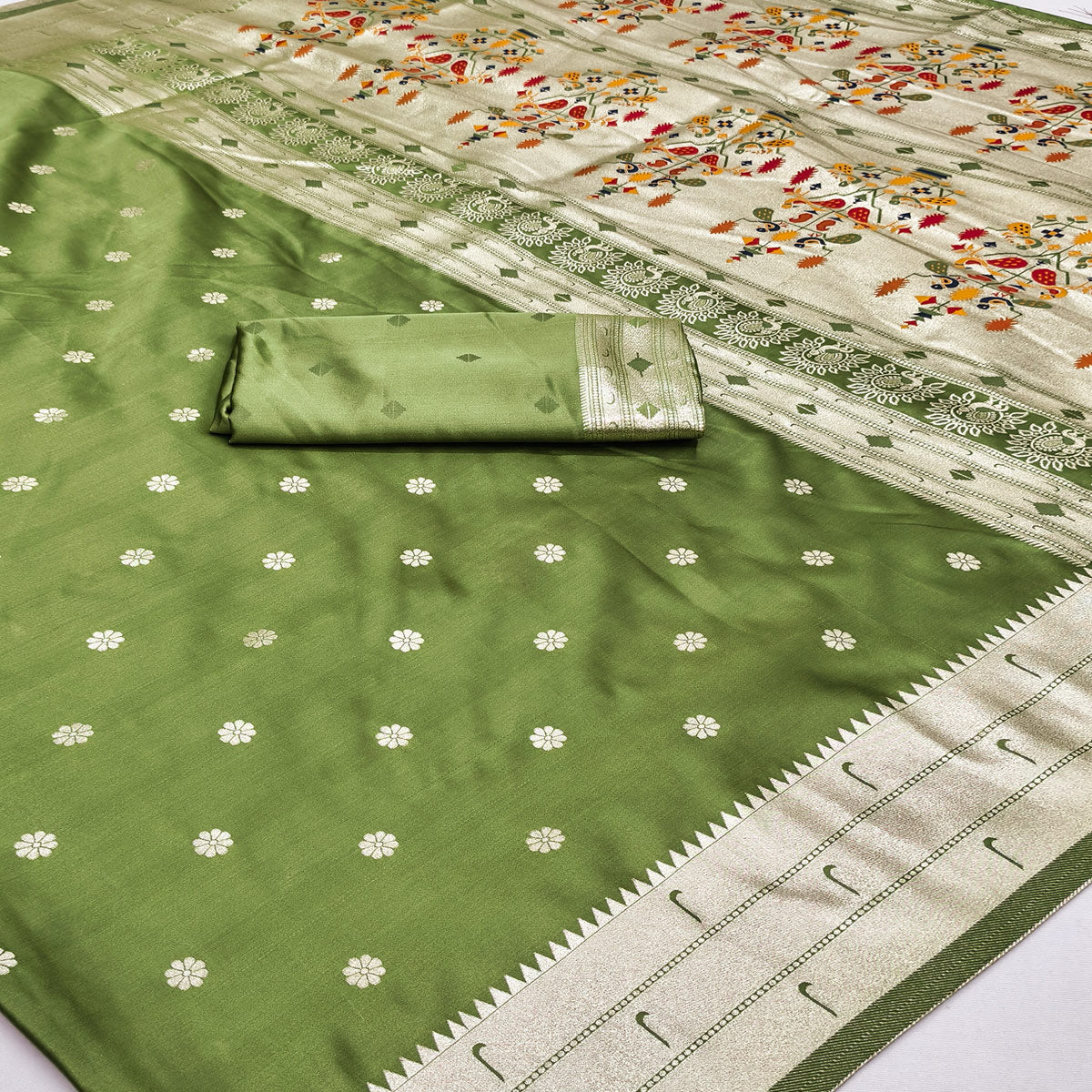 Green Classic Paithani Satin Silk Saree Accented with Rich Zari Work