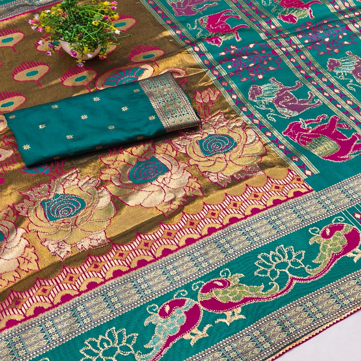Olive Premium Cotton Silk Saree with Beautiful Swarovski Work and Classic Woven Texture
