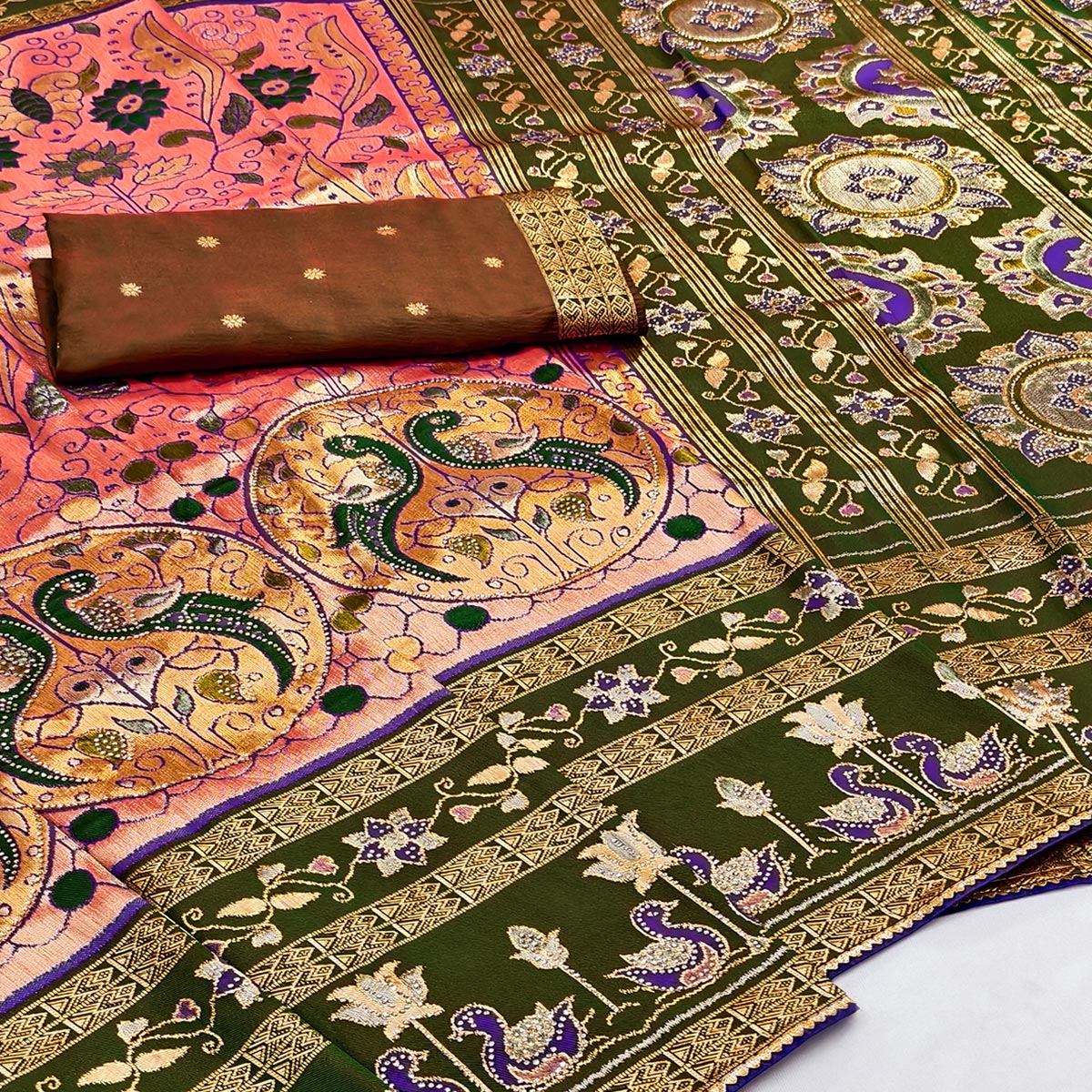 Peach Cotton Silk Saree Adorned with Elegant Swarovski Work and Fine Woven Detailing