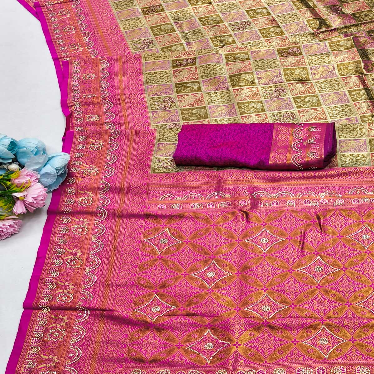 Beige Lightweight Cotton Silk Saree Highlighted with Intricate Woven Patterns and Swarovski Sparkle