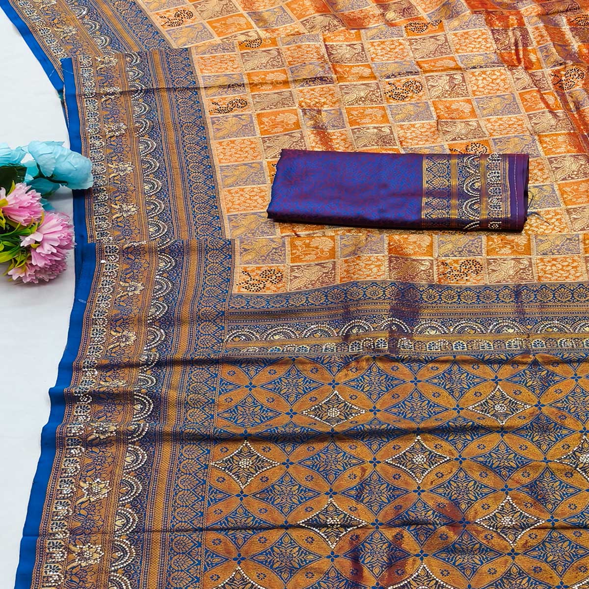 Orange Lightweight Cotton Silk Saree Highlighted with Intricate Woven Patterns and Swarovski Sparkle