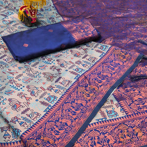 Greyish Blue & Royal Blue Tissue Silk Saree Featuring Intricate Weaving with Swarovski Embellishment