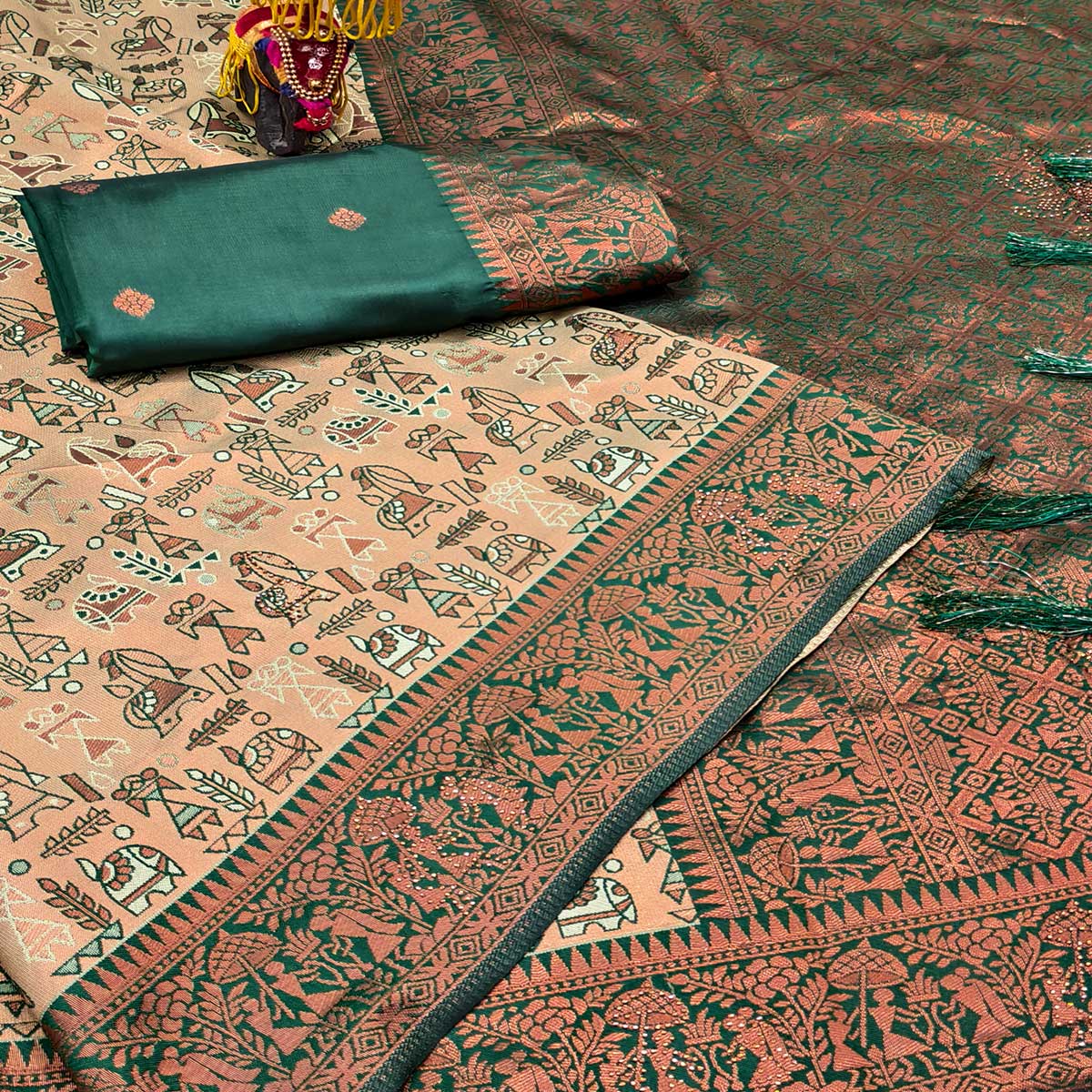 Beige & Bottle Green Tissue Silk Saree Featuring Intricate Weaving with Swarovski Embellishments