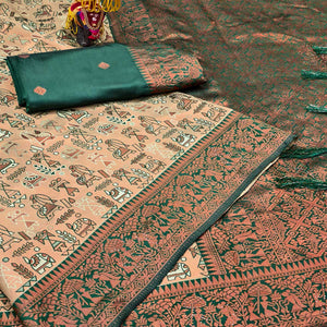 Beige & Bottle Green Tissue Silk Saree Featuring Intricate Weaving with Swarovski Embellishments