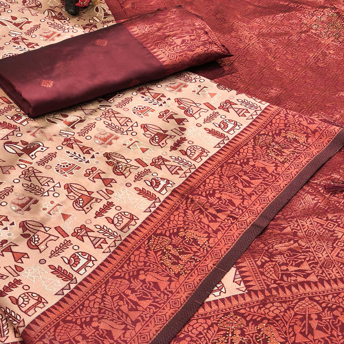 Cream & Maroon Tissue Silk Saree Featuring Intricate Weaving with Sparkling Swarovski Embellishments