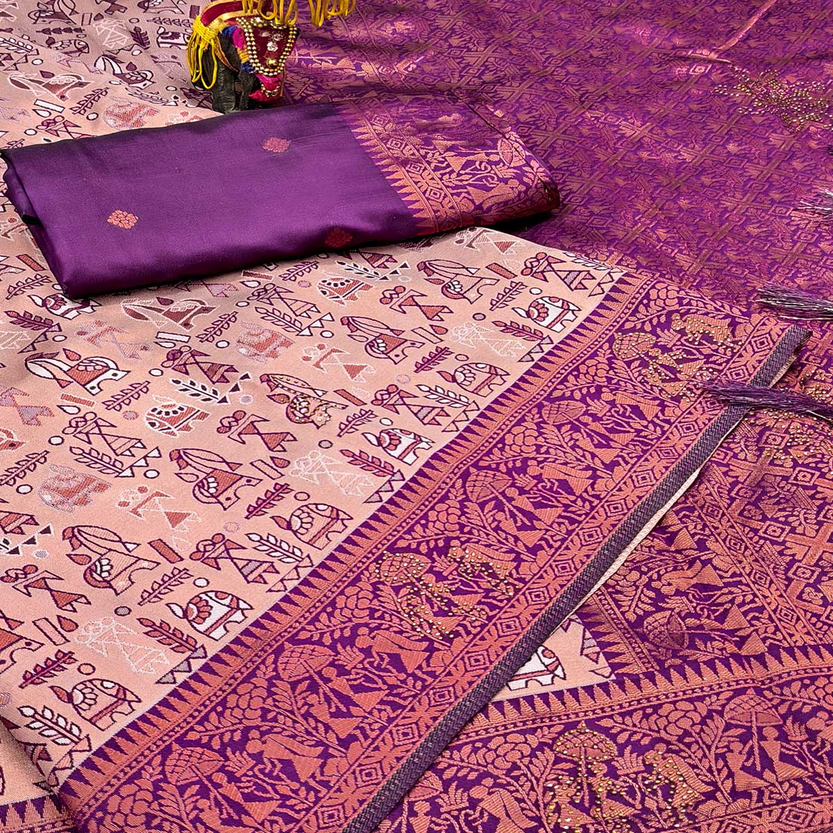 Peach & Purple Tissue Silk Saree Featuring Intricate Weaving with Sparkling Swarovski Embellishments