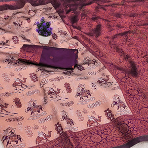 Peach & Purple Lightweight Tissue Silk Saree Highlighted with Artistic Weaving & Swarovski Sparkle