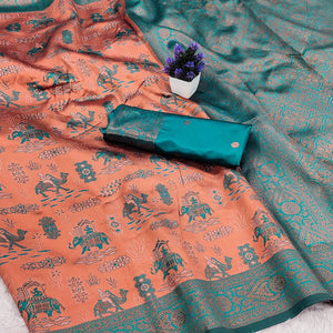 Peach & Teal Lightweight Tissue Silk Saree Highlighted with Artistic Weaving and Swarovski Sparkle