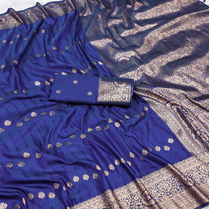 Blue Zari-Woven Cotton Silk Saree Featuring a Graceful Drape and Delicate Tassel Detailing
