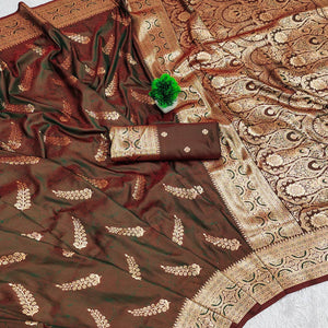 Brown Traditional Cotton Silk Saree Enhanced with Fine Zari Work and Decorative Tassel Edges