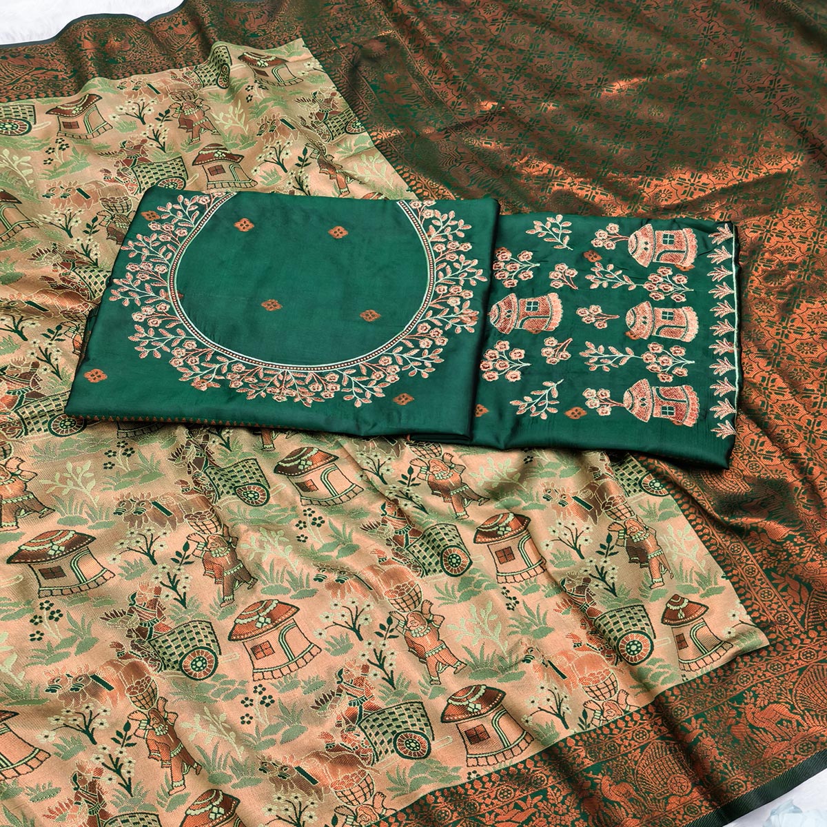 Green Tissue Silk Saree Adorned with Intricate Zari Weaving for a Rich Festive Look
