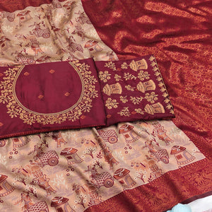 Beige & Maroon Tissue Silk Saree Adorned with Intricate Zari Weaving for a Rich Festive Look