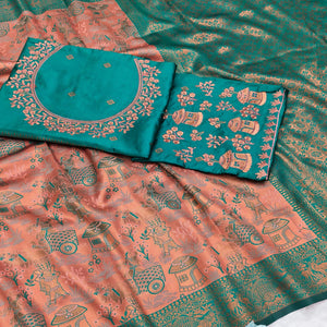 Peach & Teal Tissue Silk Saree Adorned with Intricate Zari Weaving for a Rich Festive Look