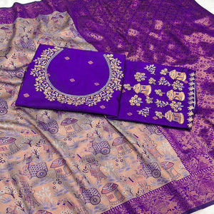Beige & Violet Tissue Silk Saree Adorned with Intricate Zari Weaving for a Rich Festive Look
