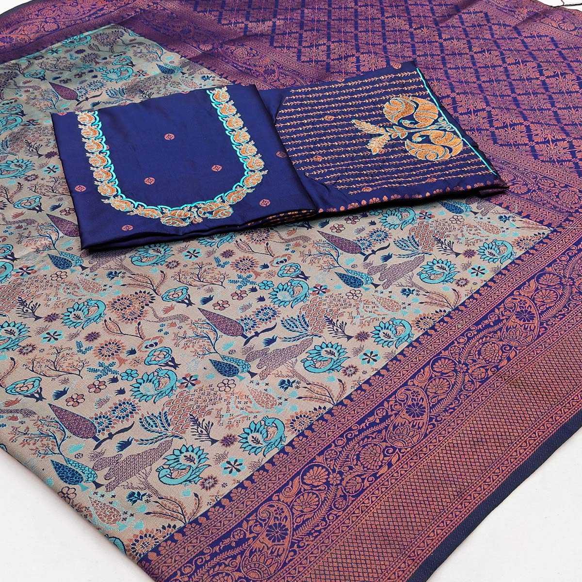 Greyish Blue & Royal Blue Handwoven Tissue Silk Saree Showcasing Refined Zari Patterns