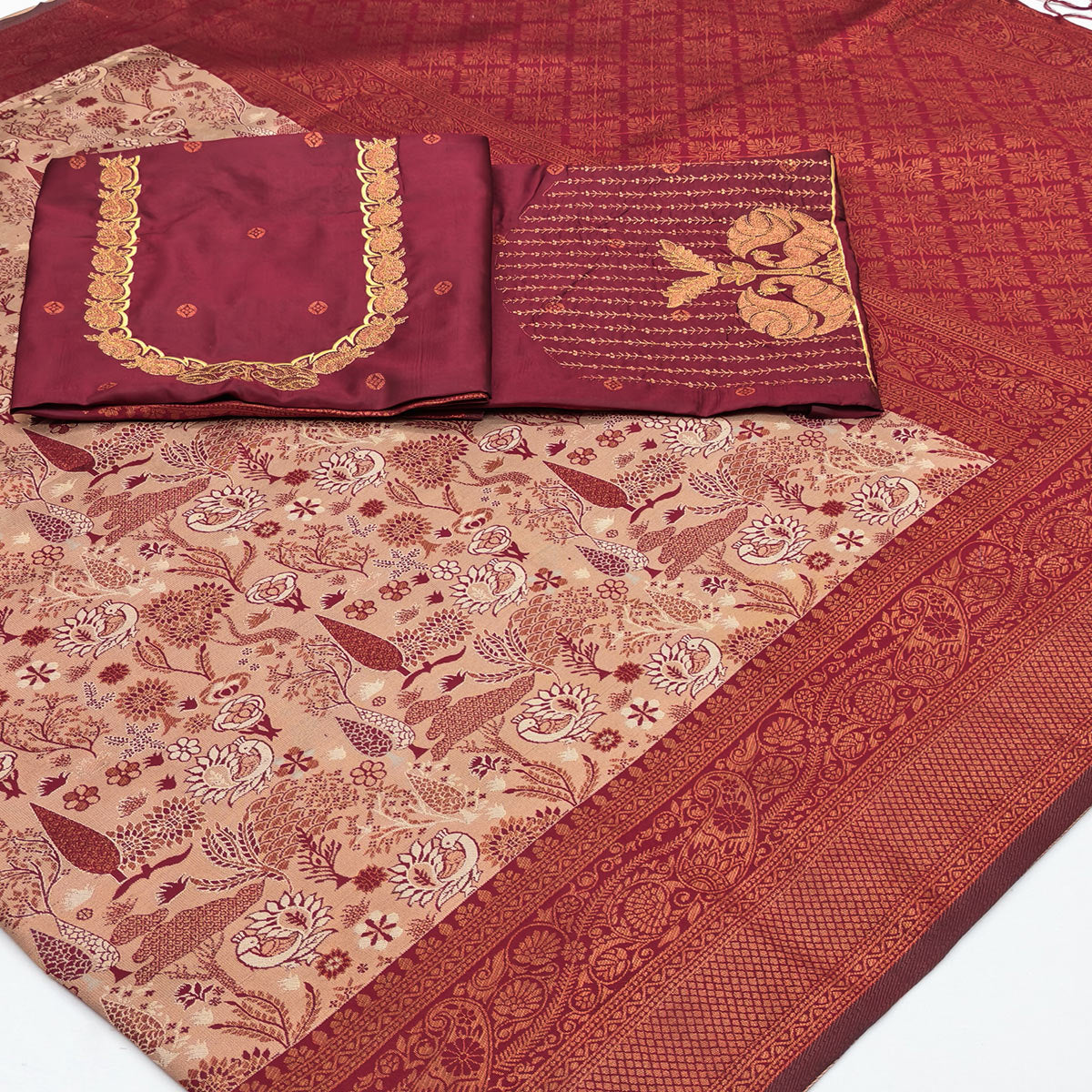 Beige & Maroon Handwoven Tissue Silk Saree Showcasing Refined Zari Patterns and Timeless Elegance