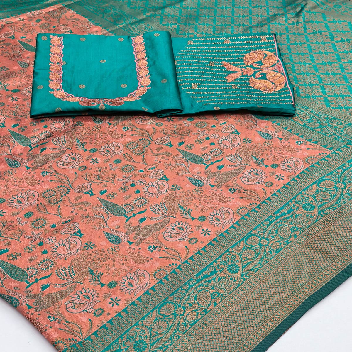 Peach & Teal Handwoven Tissue Silk Saree Showcasing Refined Zari Patterns and Timeless Elegance