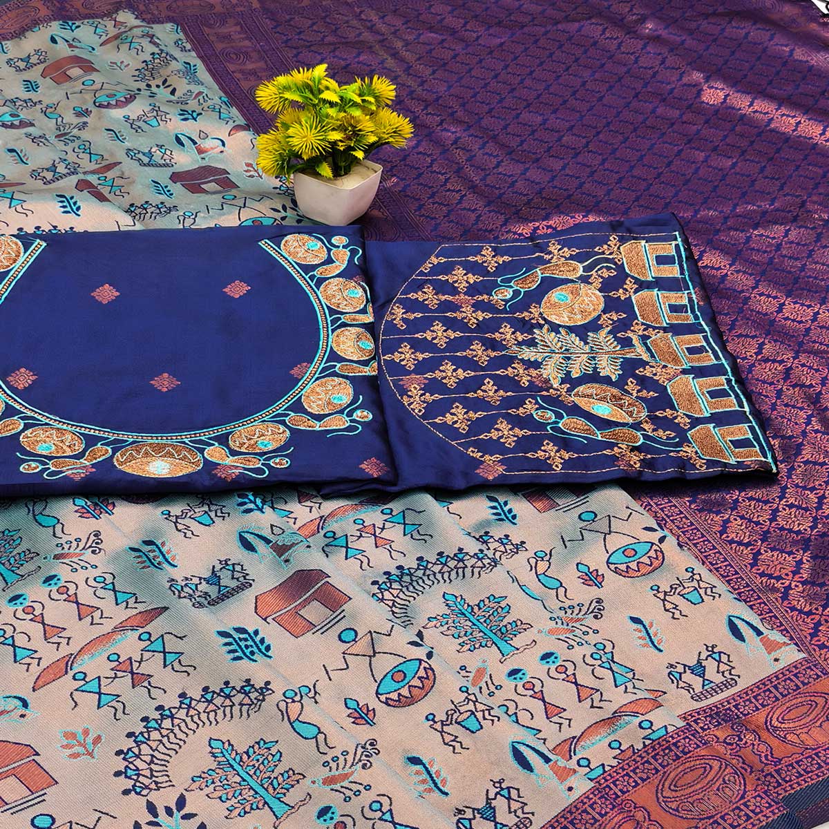 Greyish Blue & Royal Blue Tissue Silk Saree Highlight Zari Woven Motifs for Traditional Occasions