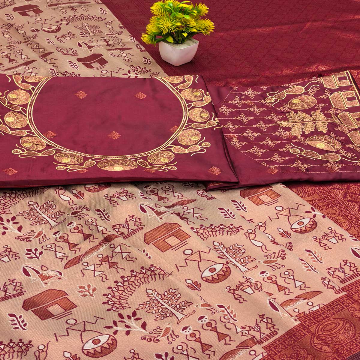 Beige & Maroon Tissue Silk Saree Highlighted with Zari Woven Motifs for Traditional Occasions