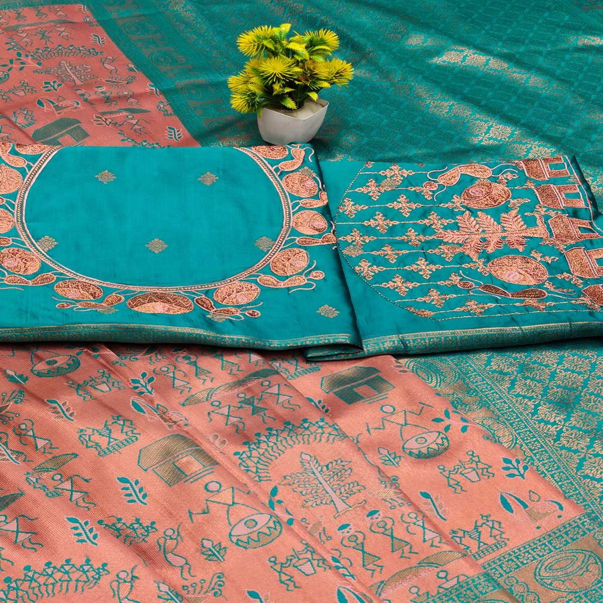 Peach & Teal Classic Tissue Silk Saree Highlighted with Zari Woven Motifs for Traditional Occasions