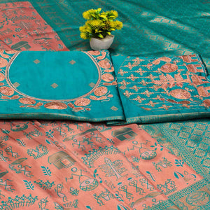Peach & Teal Classic Tissue Silk Saree Highlighted with Zari Woven Motifs for Traditional Occasions
