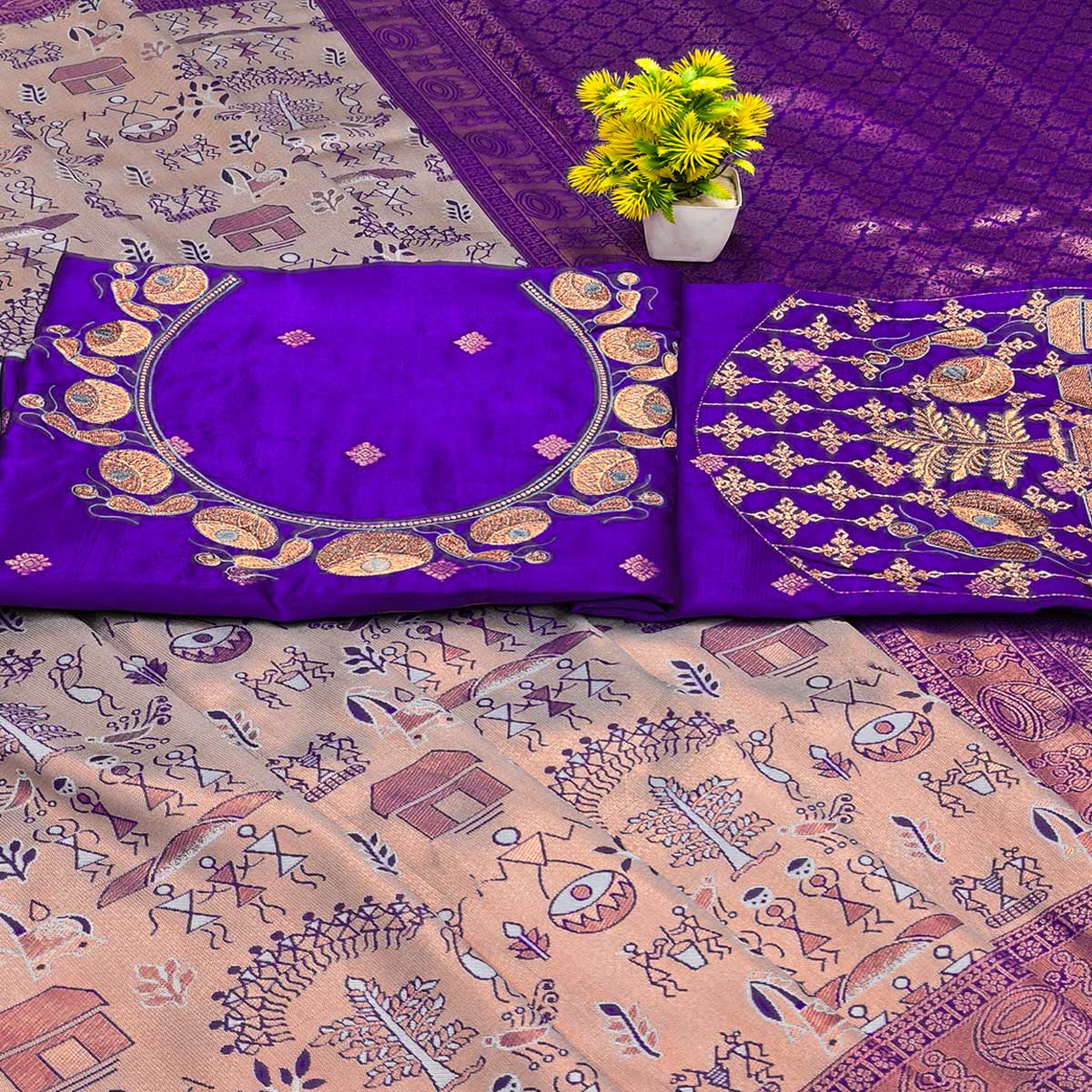Beige & Violet Tissue Silk Saree Highlighted with Zari Woven Motifs for Traditional Occasions
