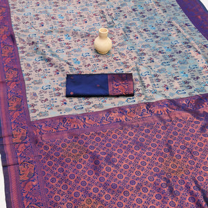 Greyish Blue & Royal Blue Classic Tissue Silk Saree Highlighted with Fine Zari Woven Motifs