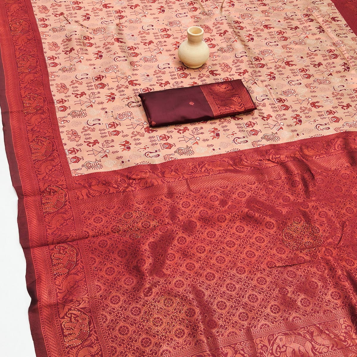 Beige & Maroon Classic Tissue Silk Saree Highlighted with Fine Zari Woven Motifs