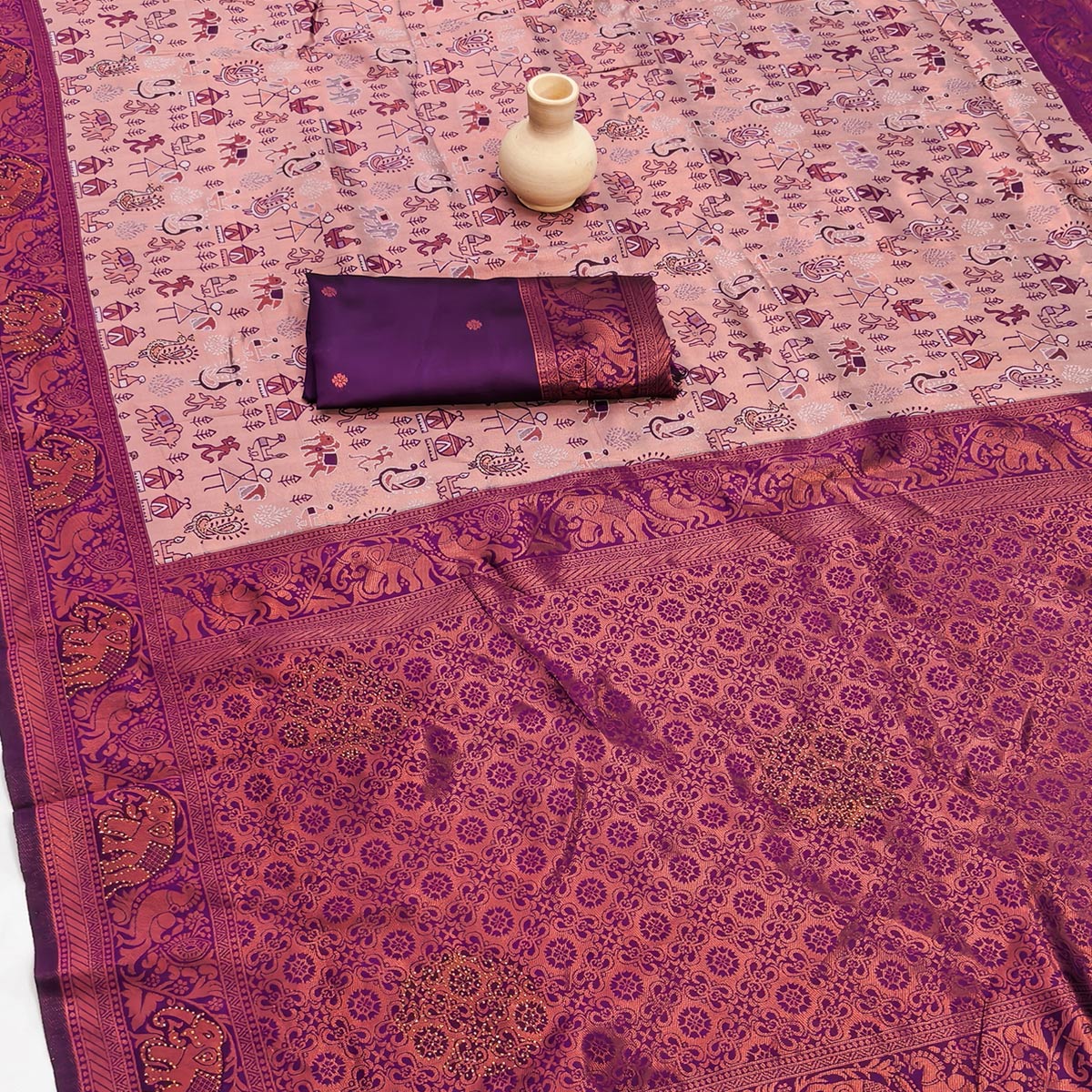 Beige & Purple Classic Tissue Silk Saree Highlighted with Fine Zari Woven Motifs