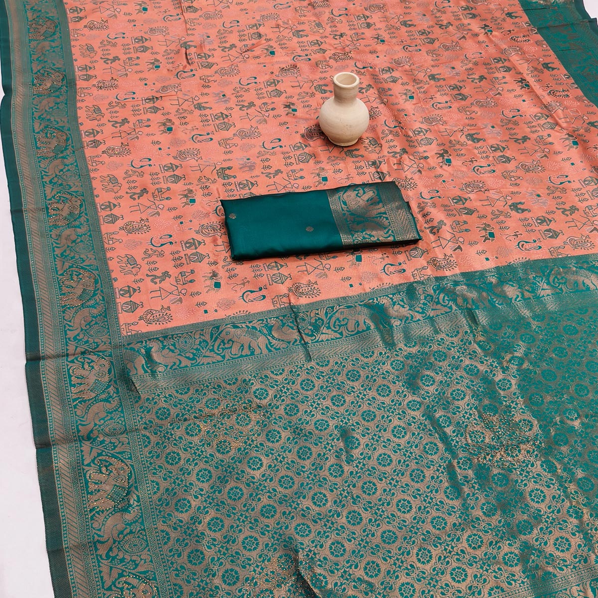 Peach & Teal Classic Tissue Silk Saree Highlighted with Fine Zari Woven Motifs