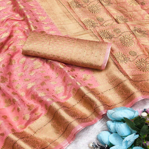 Radiant Baby Pink Tissue Banarasi Saree With Intricate Floral Zari Weaving & Stone Embellishments