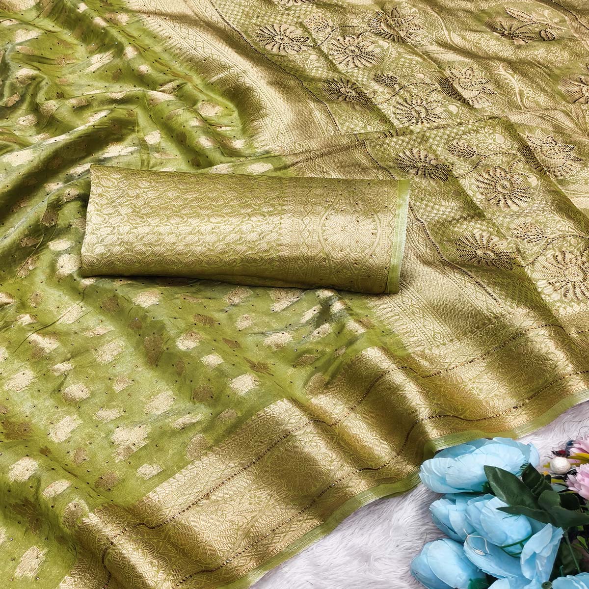 Radiant Green Tissue Banarasi Saree With Intricate Floral Zari Weaving & Stone Embellishments