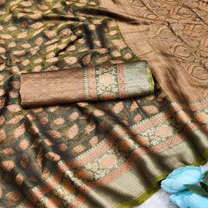 Green Woven Banarasi Crunchy Silk Saree With Leaf & Floral Motifs Accented By Sparkling Stone